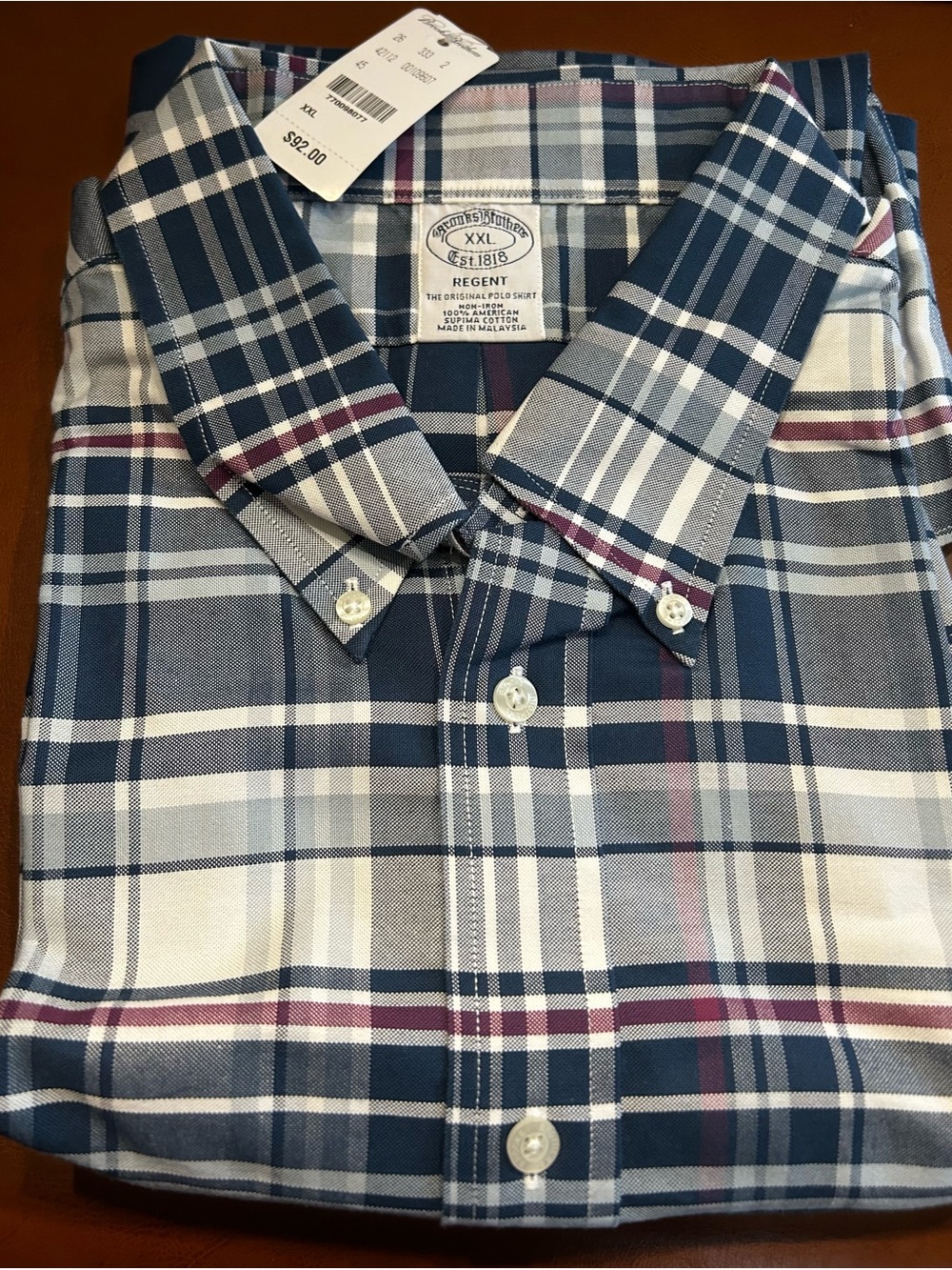 Brooks Brothers Navy, White & Burgundy Plaid Button-Down Shirt